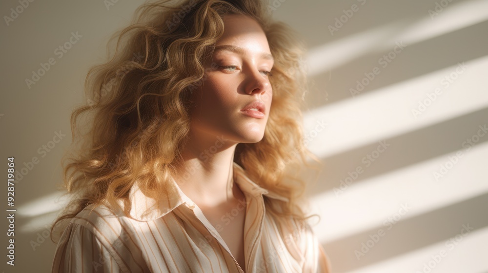 Model striking a relaxed pose in a natural light studio, Model striking a relaxed pose in a natural light studio,
