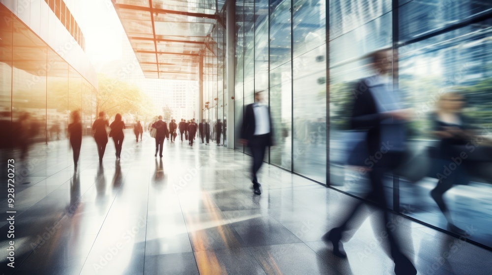 blurred businesspeople passing through a spacious corridor blurred businesspeople passing through a spacious corridor