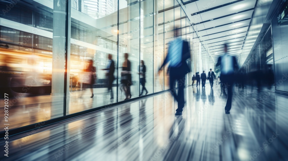 blurred businesspeople passing through a spacious corridor blurred businesspeople passing through a spacious corridor