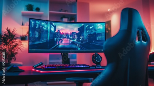 A high-tech gaming desk setup in a sleek, futuristic gaming room. The desk features an ultra-modern design with built-in LED lighting and customizable color schemes. It includes a high-resolution