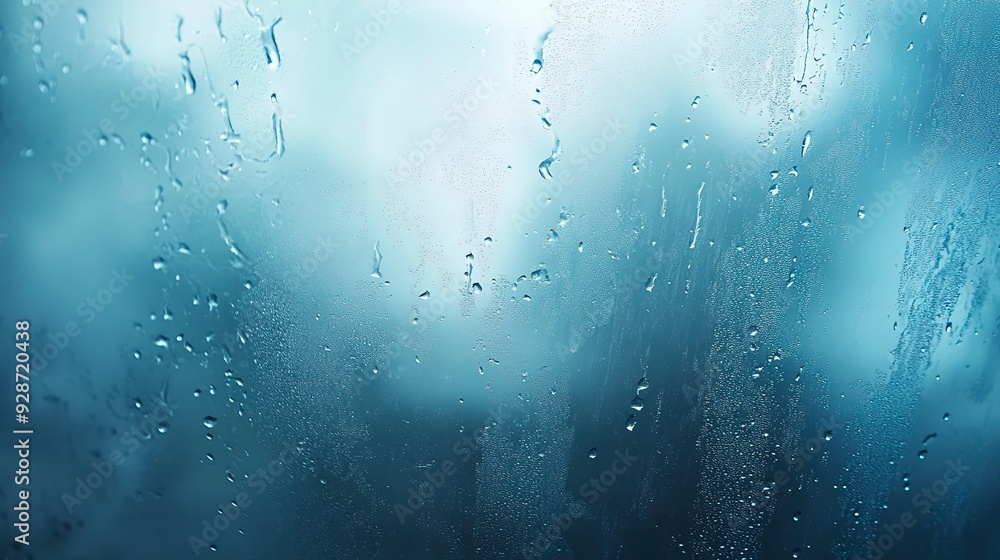 Rain Drops on Window Glass with Foggy Blue Background Rain Drops on Window Glass with Foggy Blue Background
