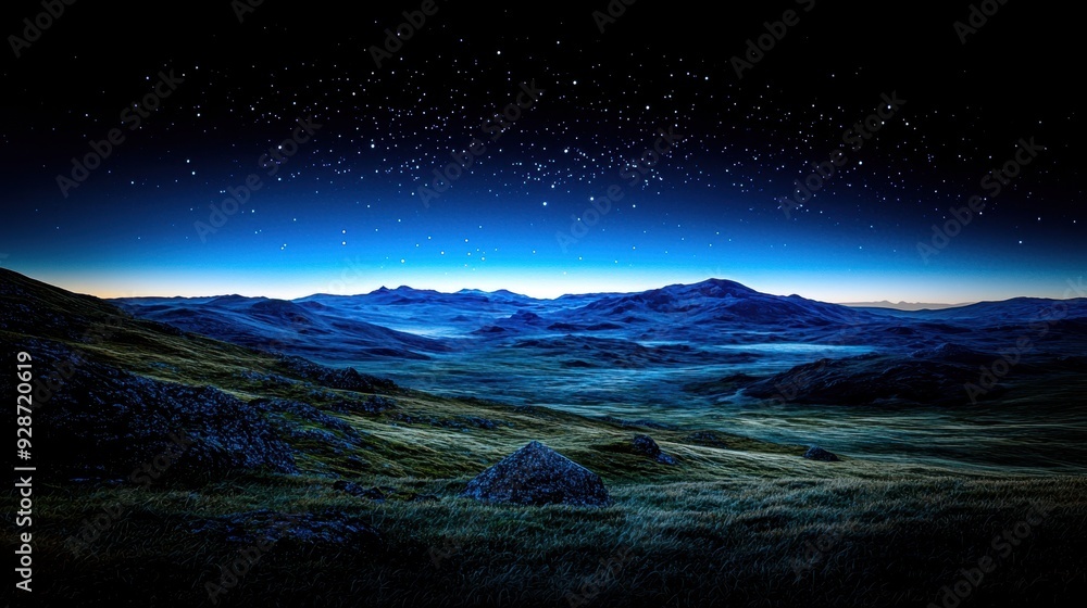 Serene night landscape with starry sky over majestic mountains and peaceful valley, captured in a stunning panoramic view. Serene night landscape with starry sky over majestic mountains and peaceful valley, captured in a stunning panoramic view.
