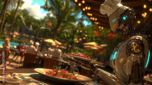 Futuristic robot waiter serving dishes in outdoor tropical restaurant, blending advanced technology with exquisite dining experience.