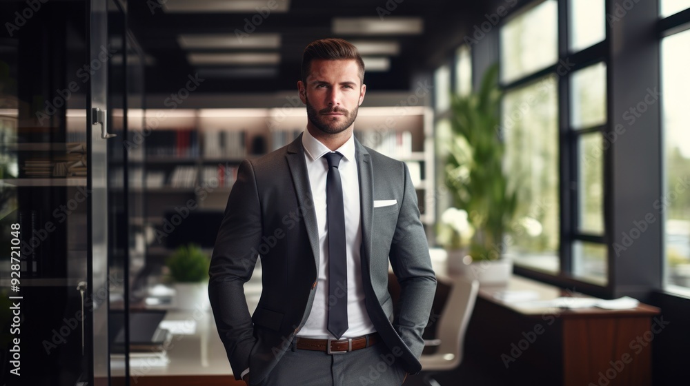 Fototapeta premium A confident businessman in a suit stands in his office 