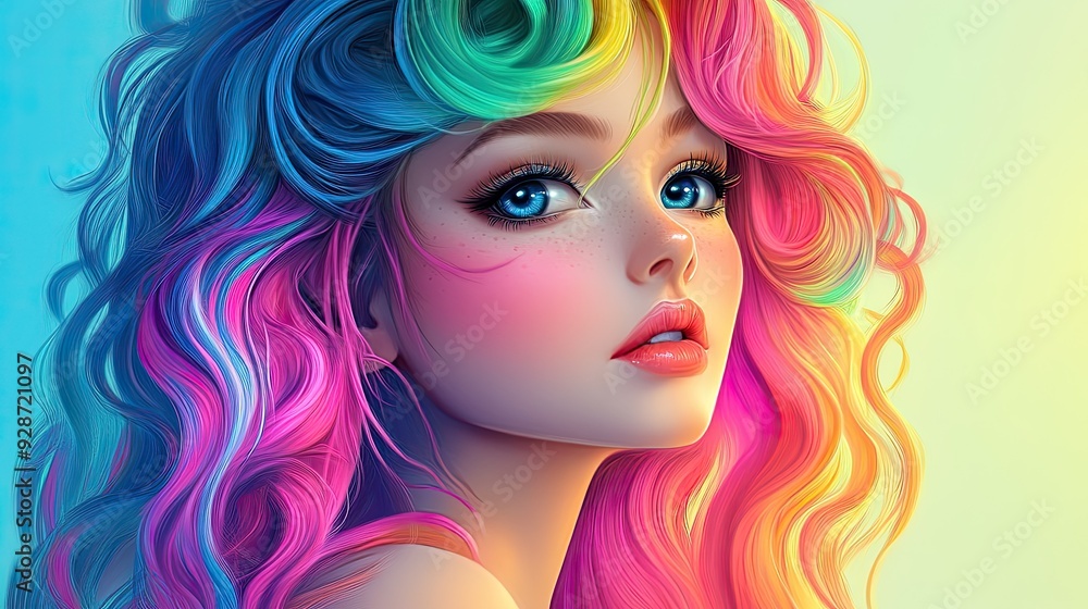 Obraz premium Vibrant 3D Coloring Adventure Stunning Cartoon Lady with Rainbow Hair