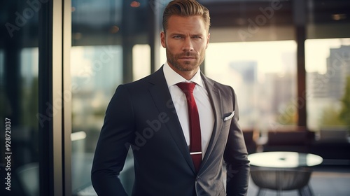 A confident businessman in a suit stands in his office  photo