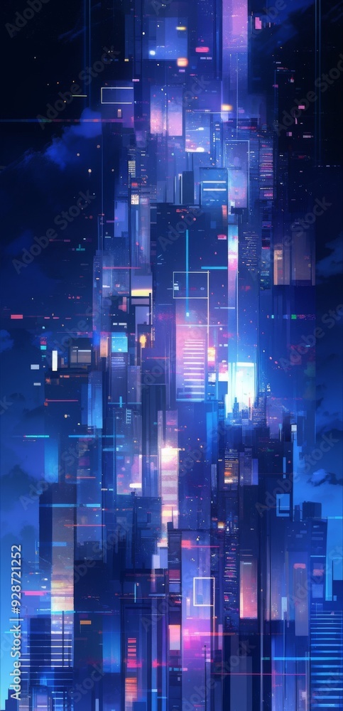 Digital Metropolis: Abstract Technology Overlay on Skyscrapers with Bright Windows Against a Blue Night Background, Embodiment of Urban Digitization. Digital Metropolis: Abstract Technology Overlay on Skyscrapers with Bright Windows Against a Blue Night Background, Embodiment of Urban Digitization.