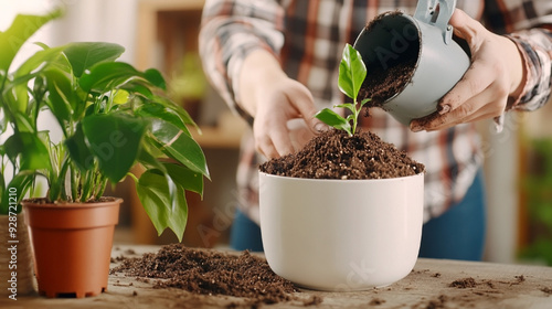 Person planting a young green plant in a white pot, adding soil, and engaging in indoor gardening photo