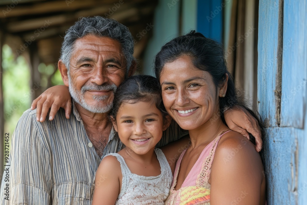 Portrait of a Latin family hugging in rural area - Happy Hispanic family in the village, Generative AI Portrait of a Latin family hugging in rural area - Happy Hispanic family in the village, Generative AI