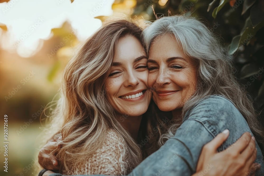 Happy, hug and portrait of a mother and woman in a garden on mothers day with love and gratitude. Smile, family and an adult daughter hugging a senior, Generative AI Happy, hug and portrait of a mother and woman in a garden on mothers day with love and gratitude. Smile, family and an adult daughter hugging a senior, Generative AI