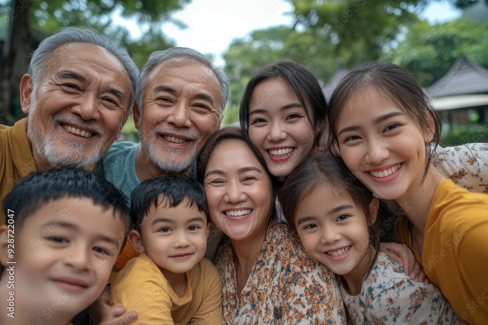 Big family, portrait smile and selfie for happy quality bonding together for fun day in the nature park. Parents, grandparents and kids faces smiling for family time, photo or holiday, Generative AI Big family, portrait smile and selfie for happy quality bonding together for fun day in the nature park. Parents, grandparents and kids faces smiling for family time, photo or holiday, Generative AI