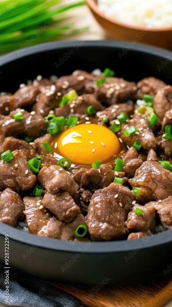 Sliced grilled chicken is served with teriyaki sauce, rice, colorful vegetables, and a sunny-side-up egg, topped with green onions and sesame seeds Sliced grilled chicken is served with teriyaki sauce, rice, colorful vegetables, and a sunny-side-up egg, topped with green onions and sesame seeds