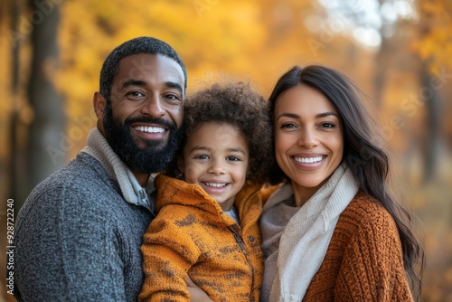 Cute mixed race family portrait outdoors. Walking together in nature with the fall colors in the background. A candid photo of Smiling, happy, diverse, Generative AI
