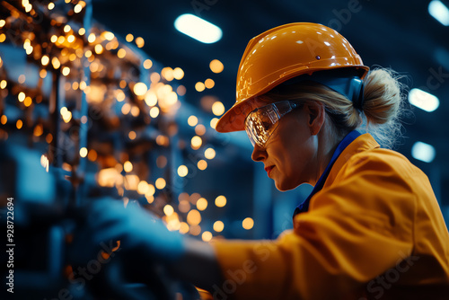 Female factory worker in protective gear concentrating on her work with machinery, surrounded by sparks in an industrial setting. photo