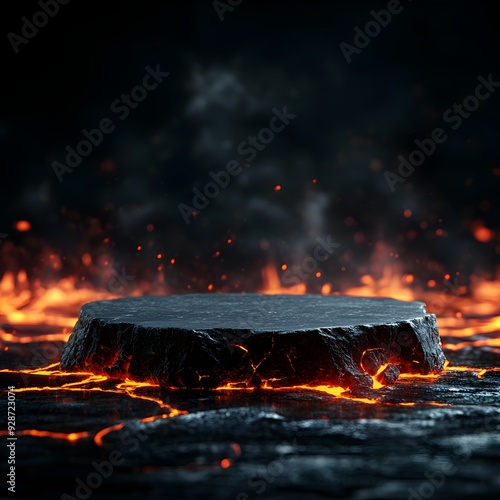 Dark, minimalistic black stone podium with a vivid, flowing lava backdrop, creating a striking and cinematic atmosphere for product display photo