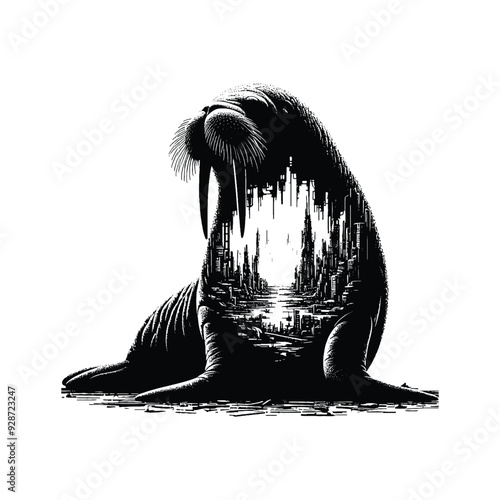 silhouette of Walrus sitfilled with destroyed futuristic dystopia environment in rough drawing,