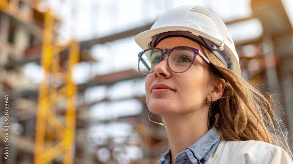 Mid adult woman architect wearing hardhat at construction site Mid adult woman architect wearing hardhat at construction site