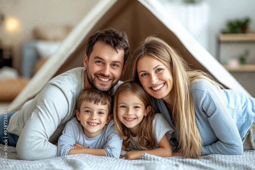 concept of housing and relocation. happy family mother father and kids with roof at home, Generative AI concept of housing and relocation. happy family mother father and kids with roof at home, Generative AI