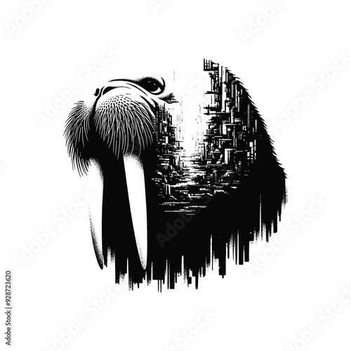 silhouette of Walrus filled with destroyed futuristic dystopia environment in rough drawing,