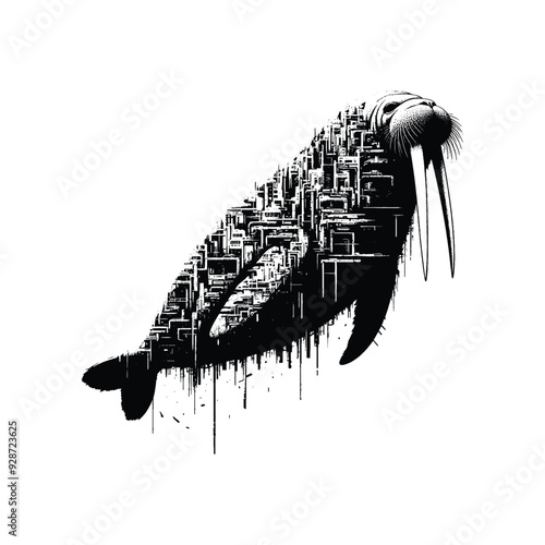 silhouette of Walrus filled with destroyed futuristic dystopia environment in rough drawing,