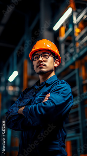 Confident male engineer in orange helmet standing with crossed arms in a modern industrial warehouse, highlighting industry concept.