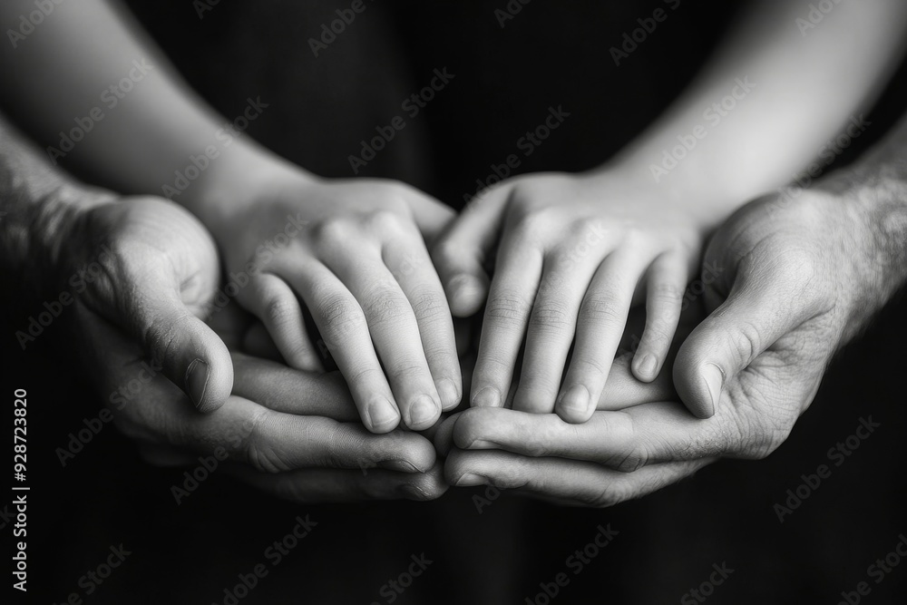Four hands of family. Concept of love, friendship, happiness in family. Black and white shot, Generative AI Four hands of family. Concept of love, friendship, happiness in family. Black and white shot, Generative AI