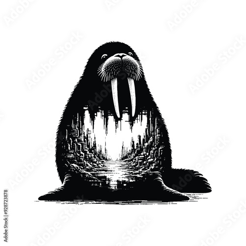 silhouette of Walrus sitfilled with destroyed futuristic dystopia environment in rough drawing,