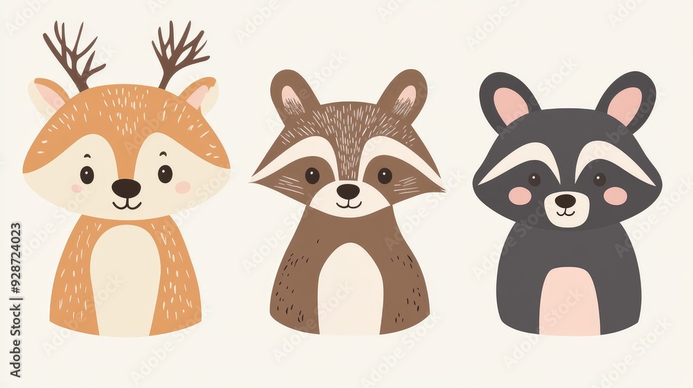 Obraz premium Charming animal icons including a bear, raccoon, and deer, each portrayed with cute, friendly expressions in a cohesive set.