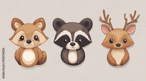 Charming animal icons including a bear, raccoon, and deer, each portrayed with cute, friendly expressions in a cohesive set.