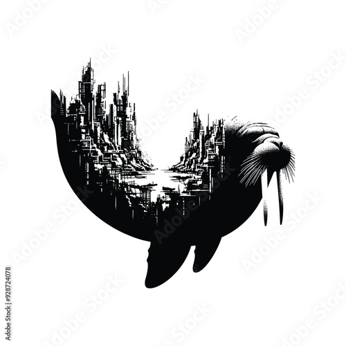 silhouette of Walrus filled with destroyed futuristic dystopia environment in rough drawing,