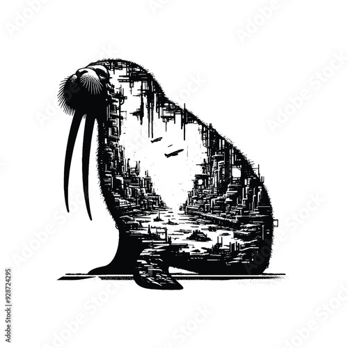 silhouette of Walrusfilled with destroyed futuristic dystopia environment in rough drawing,