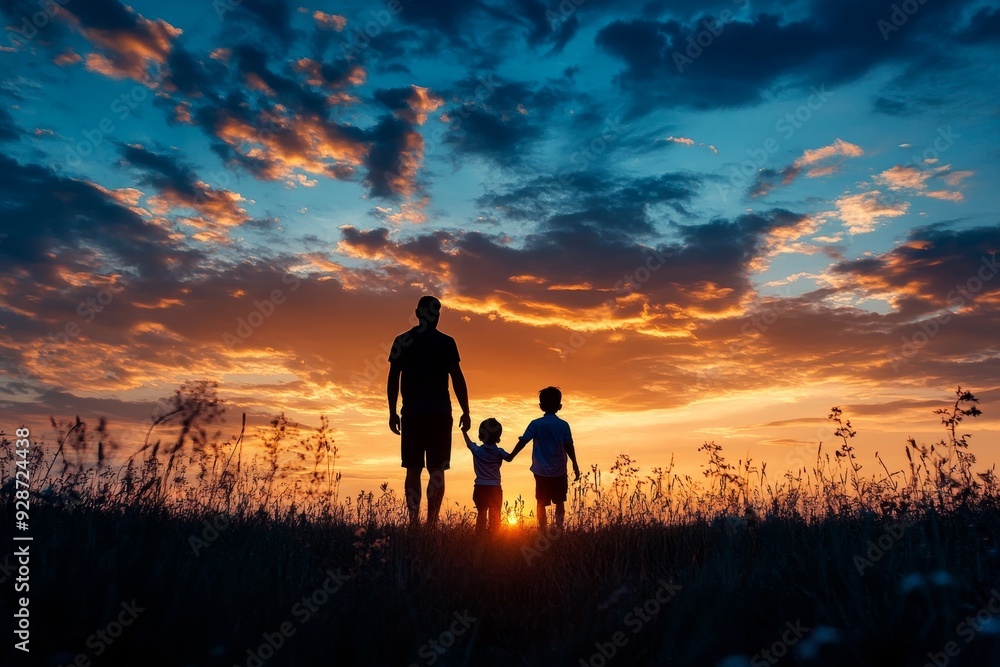 Fototapeta premium Silhouette family mother, father and young son holding hands, ta, Generative AI