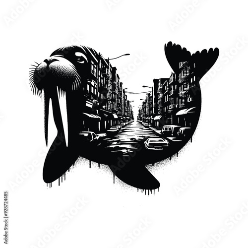 silhouette of Walrus filled with ghetto street in rough drawing,
