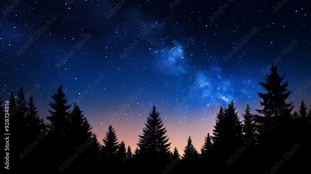 Fototapeta premium Silhouettes of fir trees against a starry night sky with a faint glow of the Milky Way.