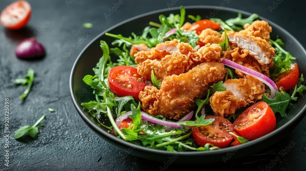 Delicious fried chicken salad topped with fresh rocket, juicy tomatoes, and red onions on a dark, moody background, emphasizing the vibrant colors of the dish. Delicious fried chicken salad topped with fresh rocket, juicy tomatoes, and red onions on a dark, moody background, emphasizing the vibrant colors of the dish.
