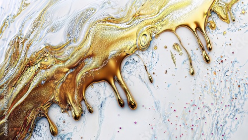 Golden Flow. Abstract fluid art with gold, white, and blue swirls and drips, creating a dynamic and luxurious marbled effect on canvas. photo