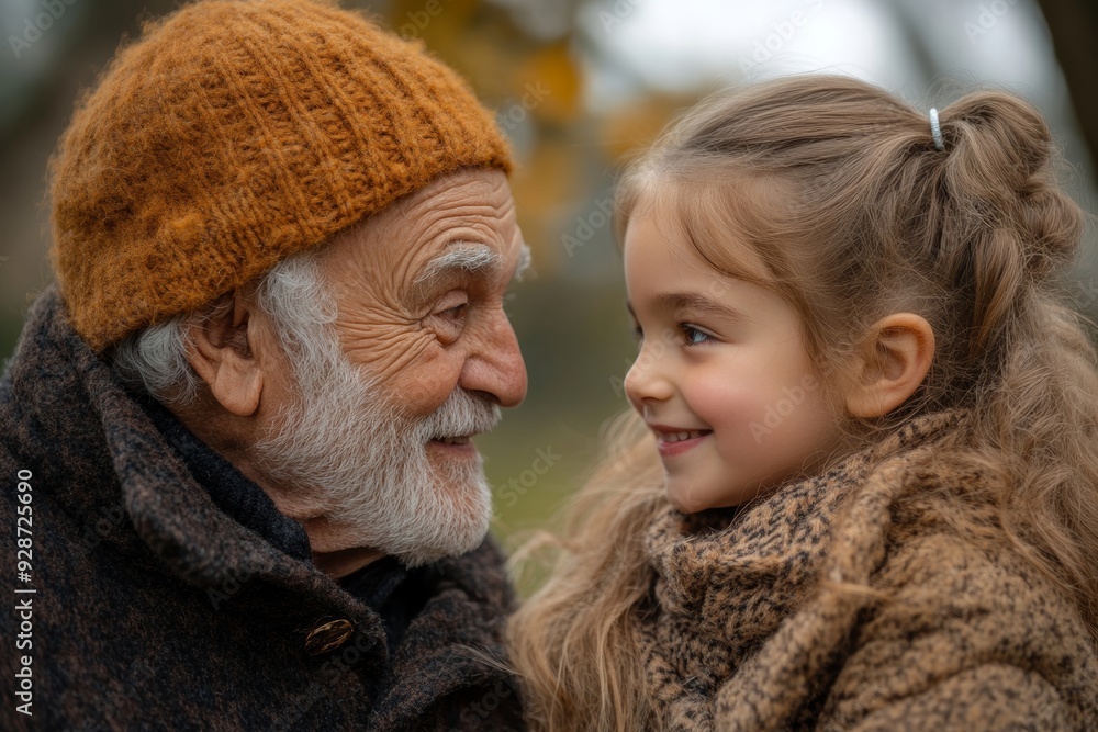 Old smiling man and his granddaughter looking each other, Generative AI Old smiling man and his granddaughter looking each other, Generative AI