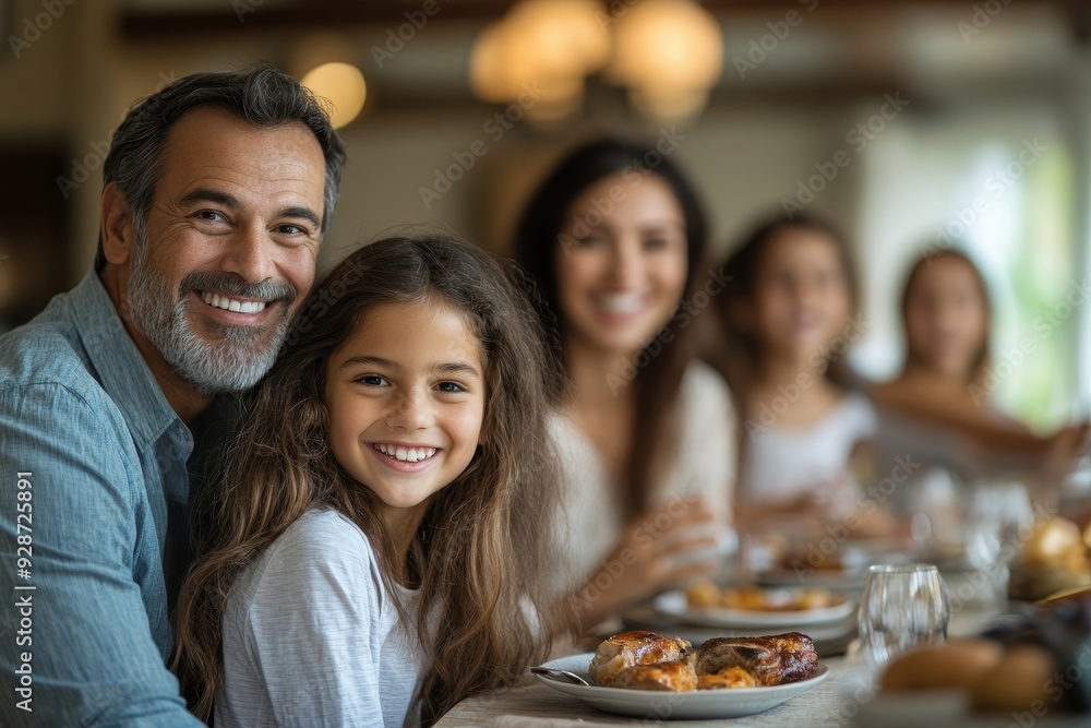 Happy extended family having fun during family lunch in dining room, Generative AI Happy extended family having fun during family lunch in dining room, Generative AI