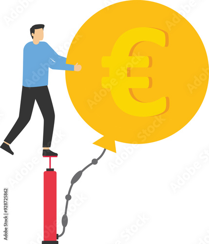 Inflation in Europe causing by energy shortage, interest rate policy to reduce inflation, Euro recession or money devaluation concept, businessman inflate air pump into floating Euro money coin.

