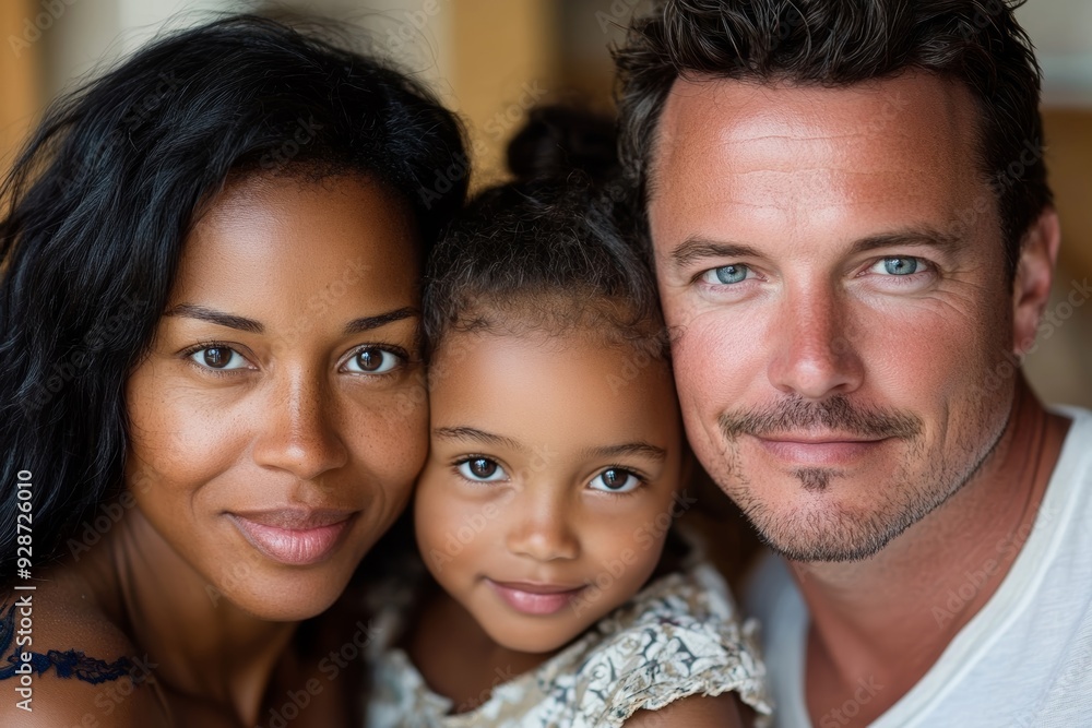 Casual close-up portrait of mixed-race family of white father, black mother, and biracial daughter. All are looking at the camera and smiling, Generative AI Casual close-up portrait of mixed-race family of white father, black mother, and biracial daughter. All are looking at the camera and smiling, Generative AI