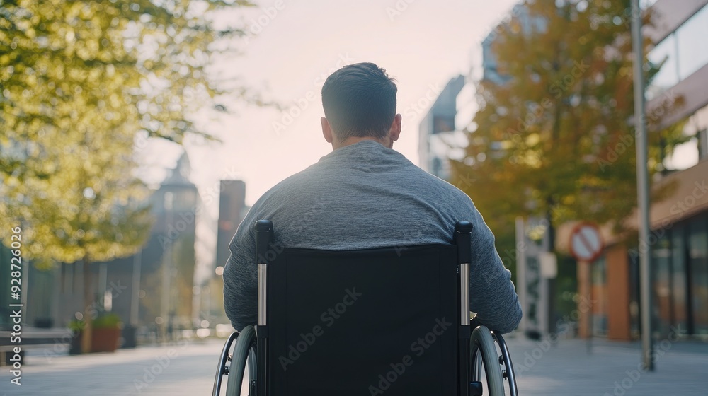 Disability inclusion: Back view of a man in a wheelchair, focusing on mobility and accessibility in an inclusive environment, with space for copy. Disability inclusion: Back view of a man in a wheelchair, focusing on mobility and accessibility in an inclusive environment, with space for copy.