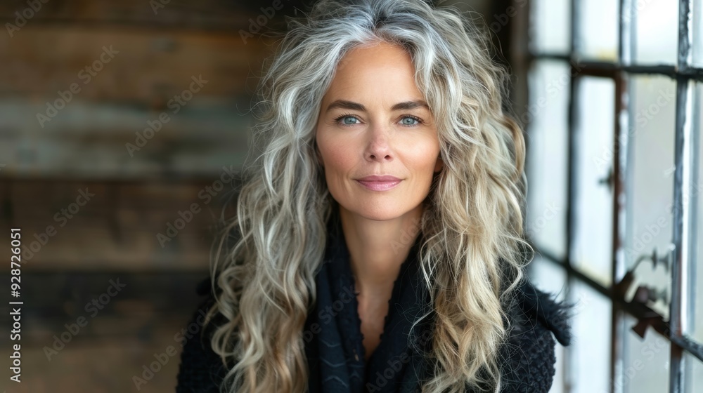 A thoughtful, confident woman with long curly gray hair gazes directly at the camera in a well-lit, rustic indoor setting with a wooden wall and window A thoughtful, confident woman with long curly gray hair gazes directly at the camera in a well-lit, rustic indoor setting with a wooden wall and window