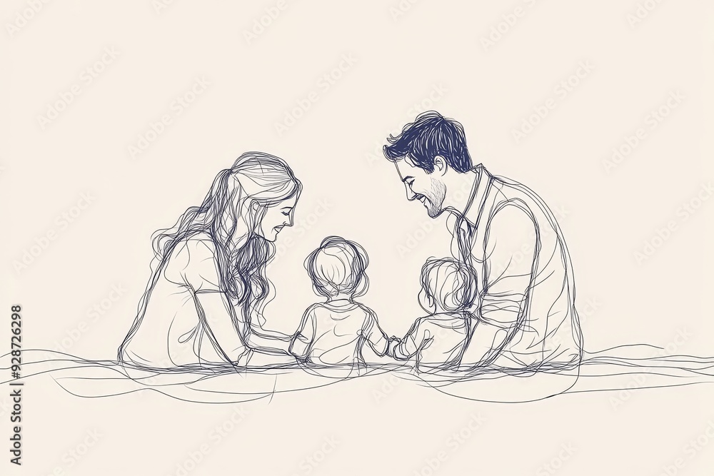 Continuous one line drawing. Happy family father and mother with three children. illustration, Generative AI Continuous one line drawing. Happy family father and mother with three children. illustration, Generative AI