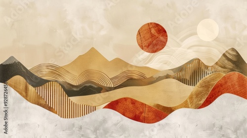 Abstract mountains and golden lines vector background. Oriental minimalist watercolor painting. Landscape, sun, hills, cloud texture. Wall art design for home decor, wallpaper and prints.