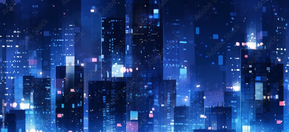 Obraz premium Digital Metropolis: Abstract Technology Overlay on Skyscrapers with Bright Windows Against a Blue Night Background, Embodiment of Urban Digitization.