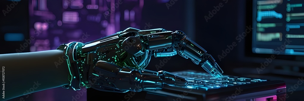 Fototapeta premium The robotic High-Tech Hand working on the futuristic computer 