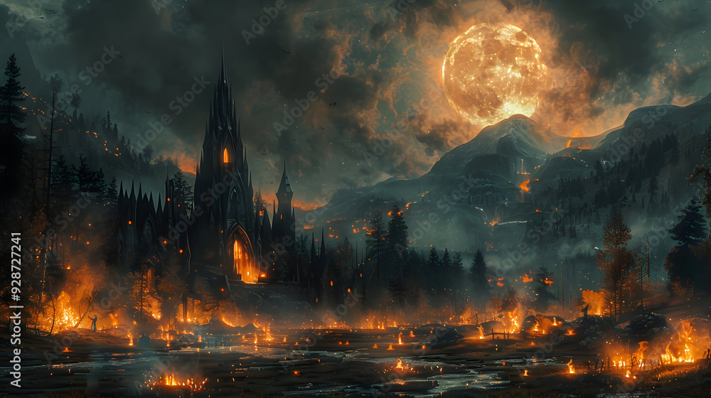 A Halloween night with spooky ghost stories being told around a campfire, with the full moon shining overhead A Halloween night with spooky ghost stories being told around a campfire, with the full moon shining overhead