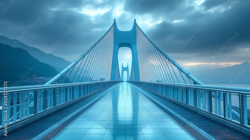 Obraz premium The futuristic architecture of the Hong Kong-Zhuhai-Macau Bridge, stretching across the water under a cloudy sky.