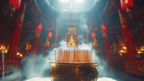 A close-up of the intricate architecture of Man Mo Temple, with incense coils hanging from the ceiling and sunlight filtering through. photo