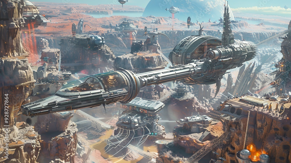 Fototapeta premium A futuristic city with spaceships flying over canyon-like buildings.